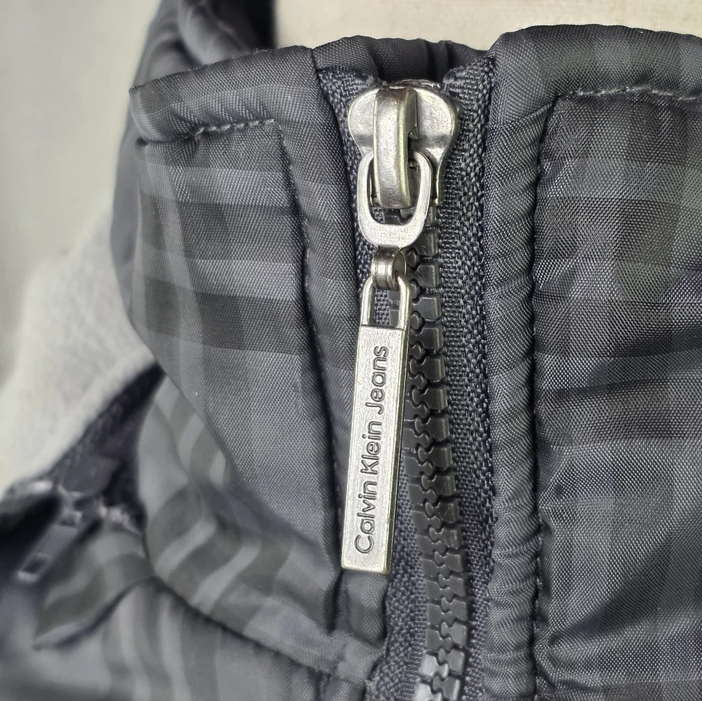 Calvin Klein Boys Gray Plaid Puffer Jacket Hooded Fleece Lined L 14-16